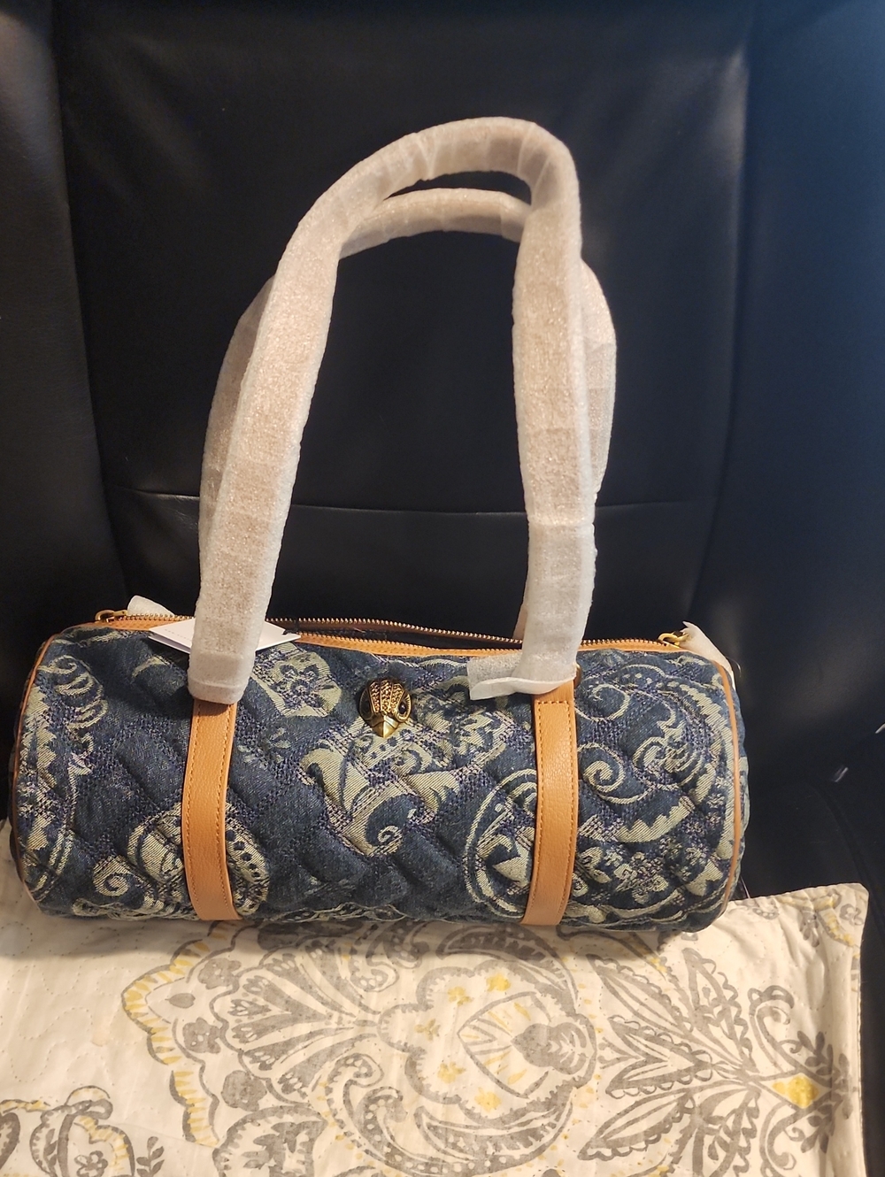 Kurt Geiger Blue Paisley Quilted Denim Barrel Bag - Picture 2 of 5